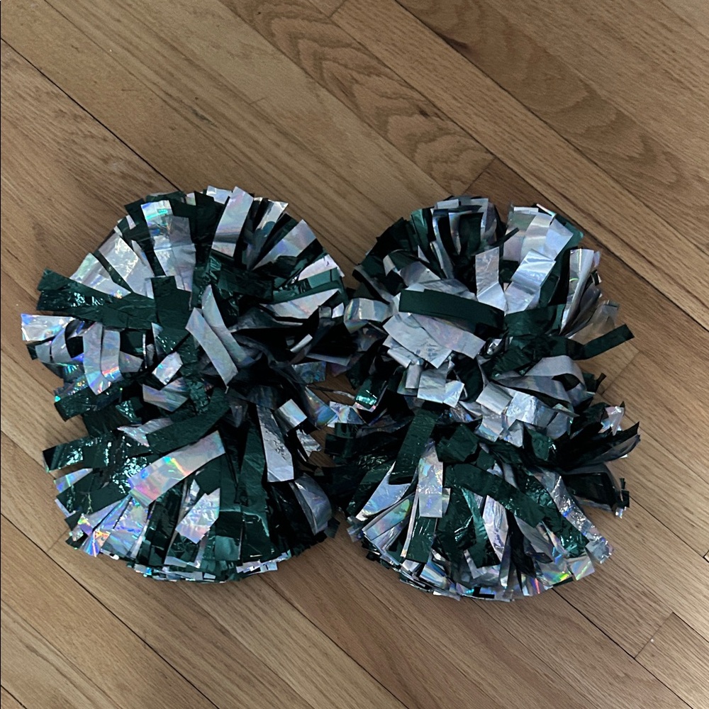 Green and Silver Cheerleading Pom Poms